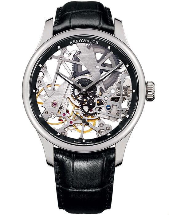 Aerowatch Aerowatch 50981 AA12  50981 AA12 механические мужские часы серебристый циферблат, браслет кожаный — вид спереди